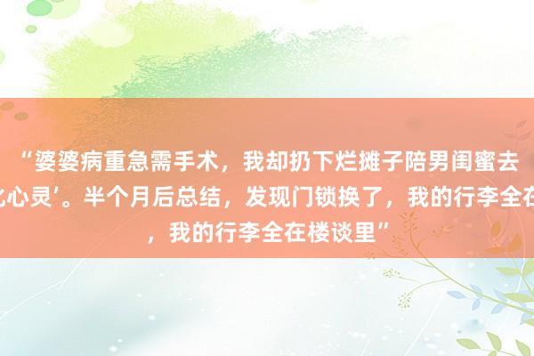 “婆婆病重急需手术，我却扔下烂摊子陪男闺蜜去西藏‘净化心灵’。半个月后总结，发现门锁换了，我的行李全在楼谈里”